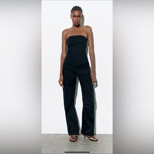 NWT ZARA Black Strapless Long Cargo Jumpsuit, Size L